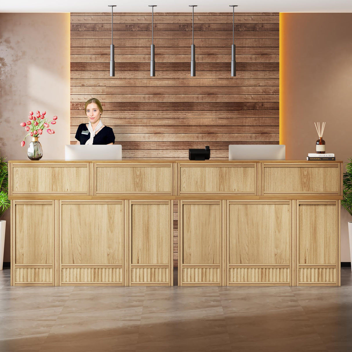 Tribesigns Reception Desk with Counter, 57-Inch Rustic Front Receptionist Table, Boho Welcome Desk Checkout Counter for Office, Retail, Lobby, Beauty Salon (Oak) Tribesigns