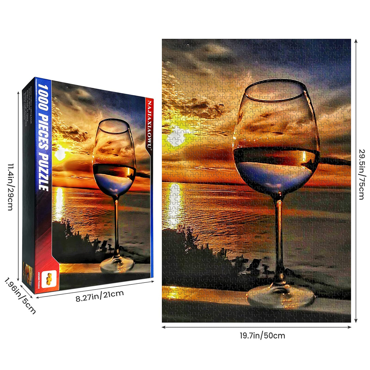 najiaxiaowu Adult Puzzles 500 Pieces DIY Sunset Sea Wine Glass Wooden Puzzles Children and Elderly Puzzles Modern Home Decor Wall Art Unique Gift 52 cm x 38 cm(20.5 x 15 in) najiaxiaowu