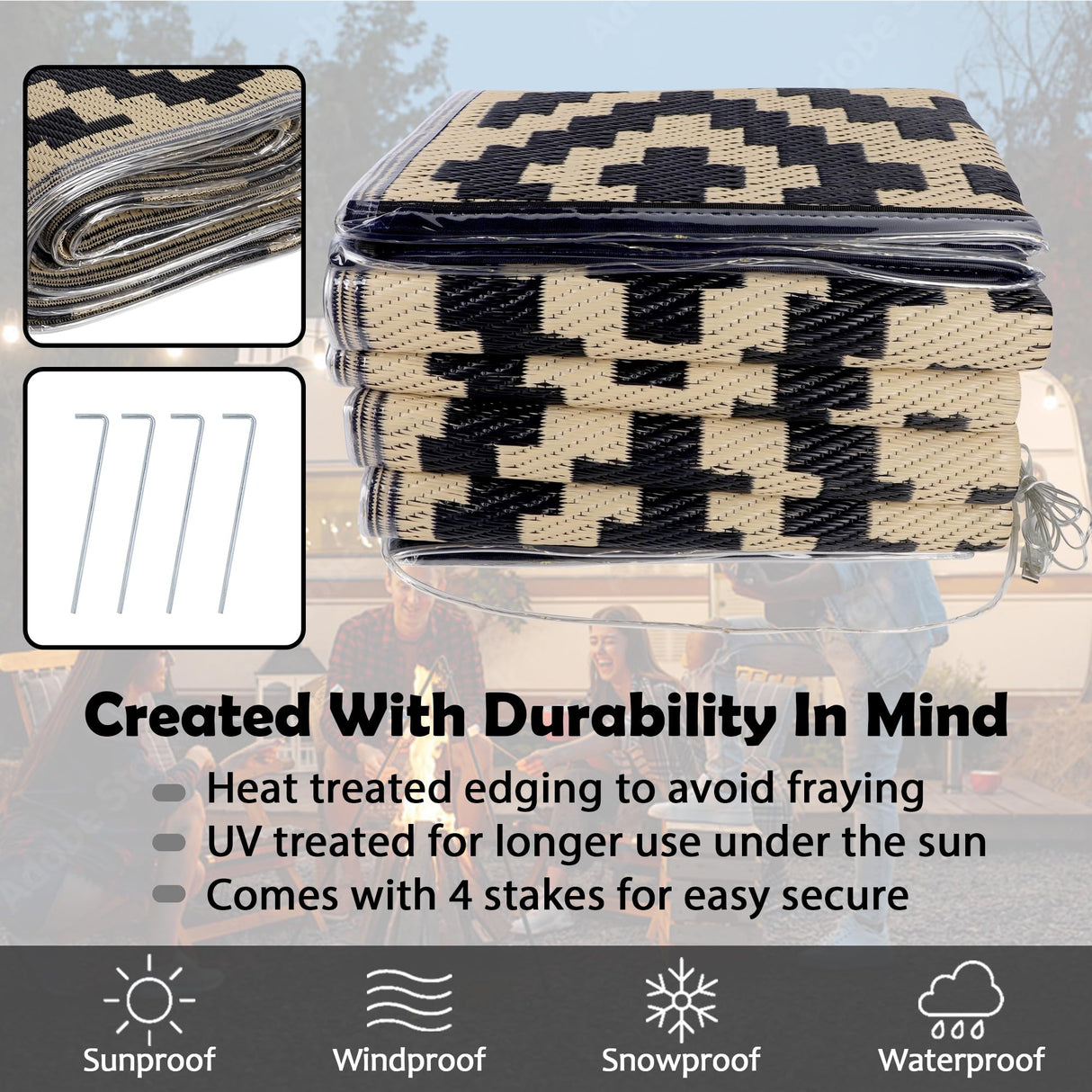 SAND MINE Reversible Mats with Led Strip Lights, Plastic Straw Rug, Modern Area Rug, Large Floor Mat for Outdoors, Patio, Backyard, Deck, Picnic, Camping, Black & Beige, 8' x 10' SAND MINE