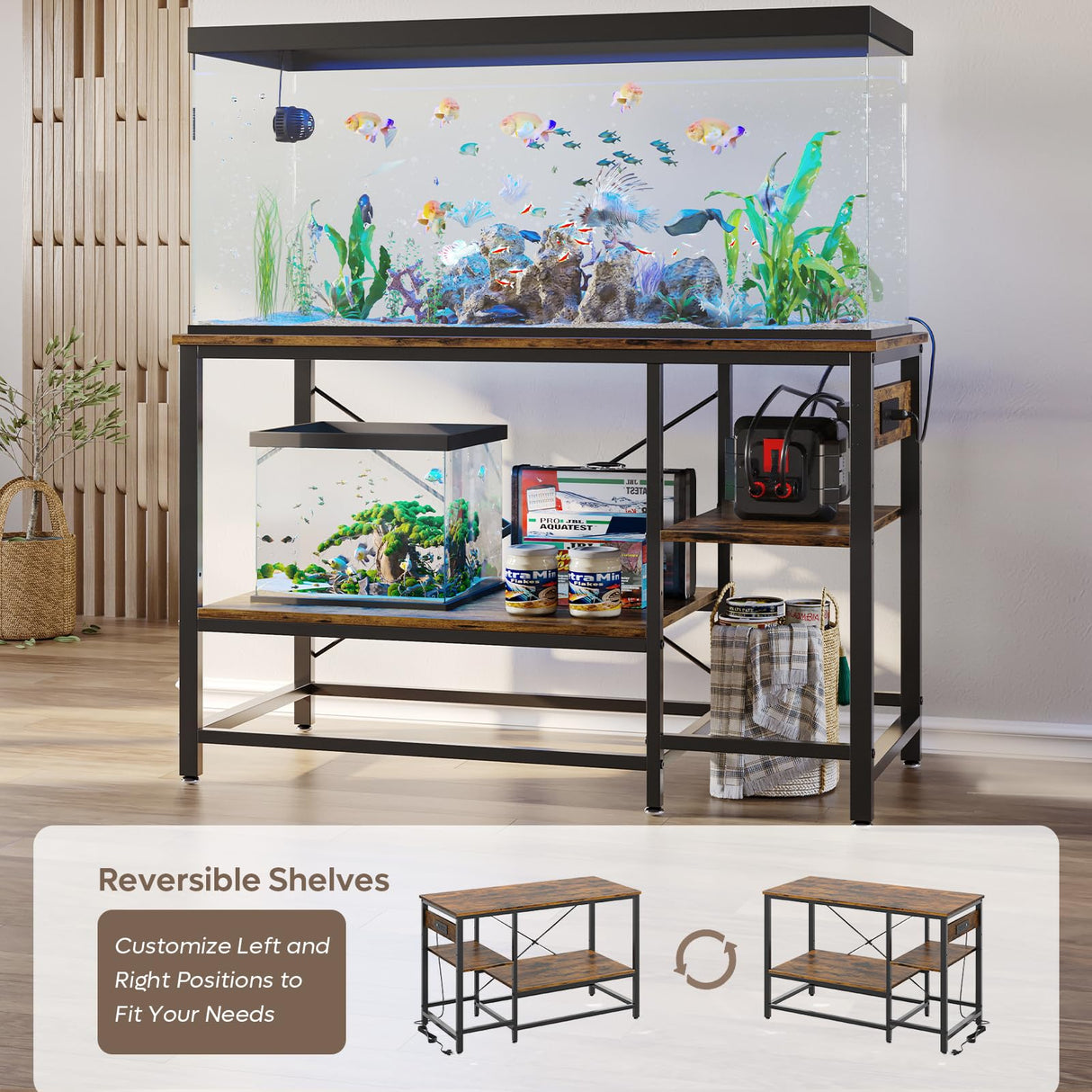 Bestier 55 Gallon Fish Tank Stand with Power Outlet, 49x13 Metal Aquarium Stand, 6-Leg Long Reptile Tank Stand with 3-Tier Adjustable Storage Shelves, 700LBS Capacity Bestier