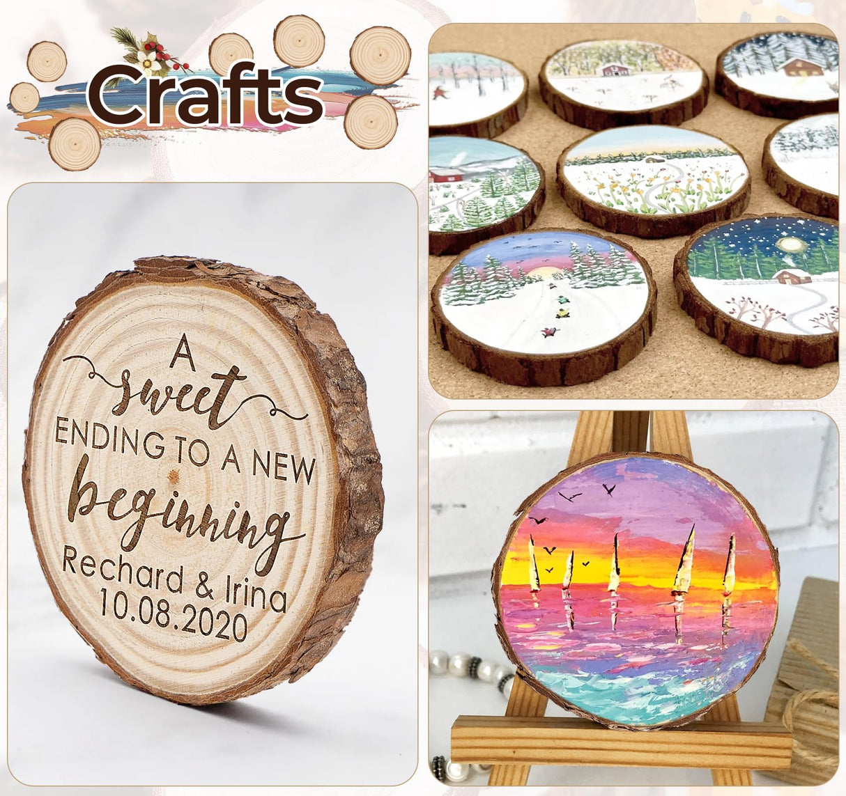 ilauke Wood Slices, 10 Pcs 3.5''-4'' Natural Wood Rounds, Wooden Circles with Bark, Unfinished Wood Kit for Paint DIY Ornaments Christmas Crafts Arts Wedding Decorations ilauke