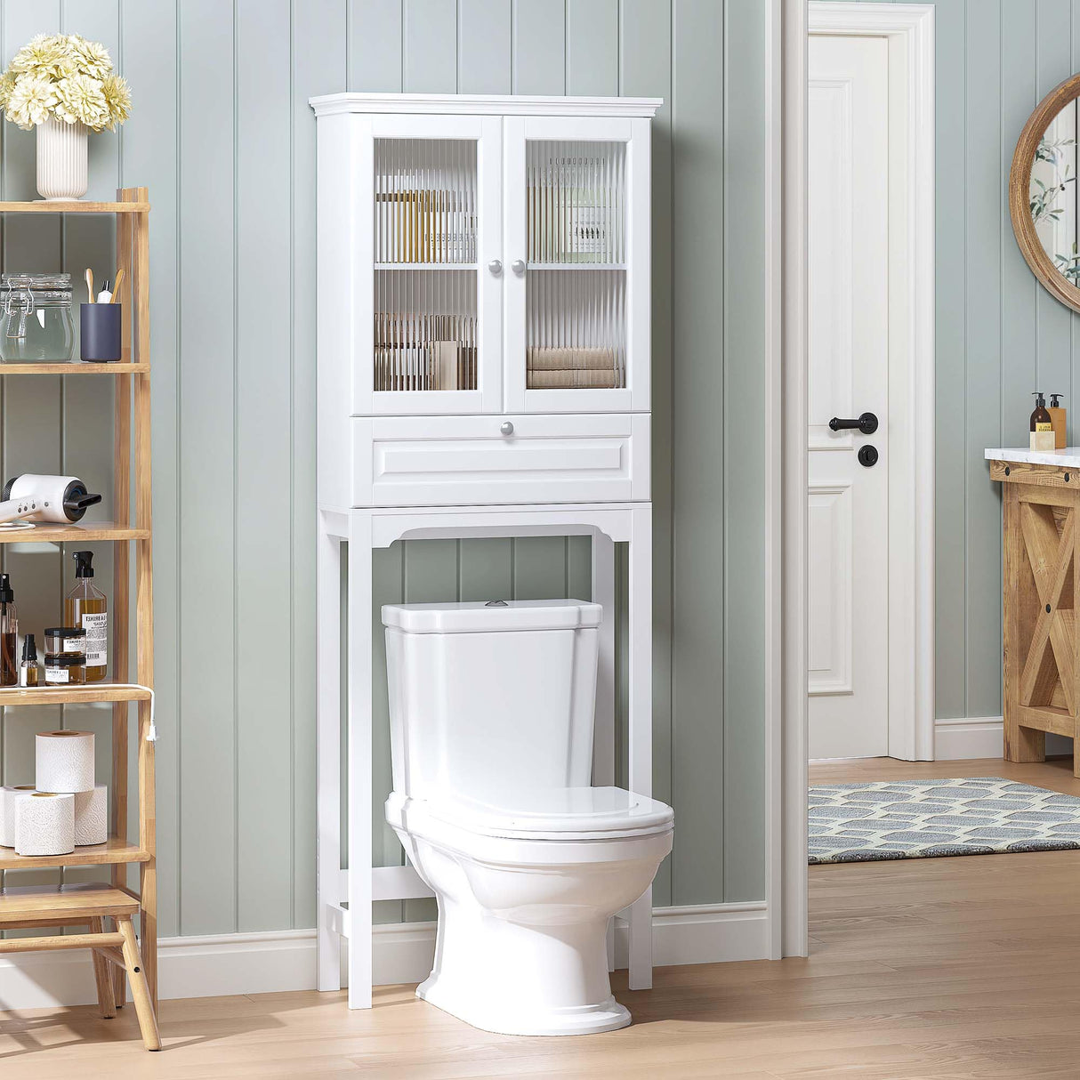 Spirich Over The Toilet Storage Cabinet with Muro Glass Doors, Over Toilet Bathroom Organizer with Tilt-Out Cube and Adjustable Shelf, White Spirich