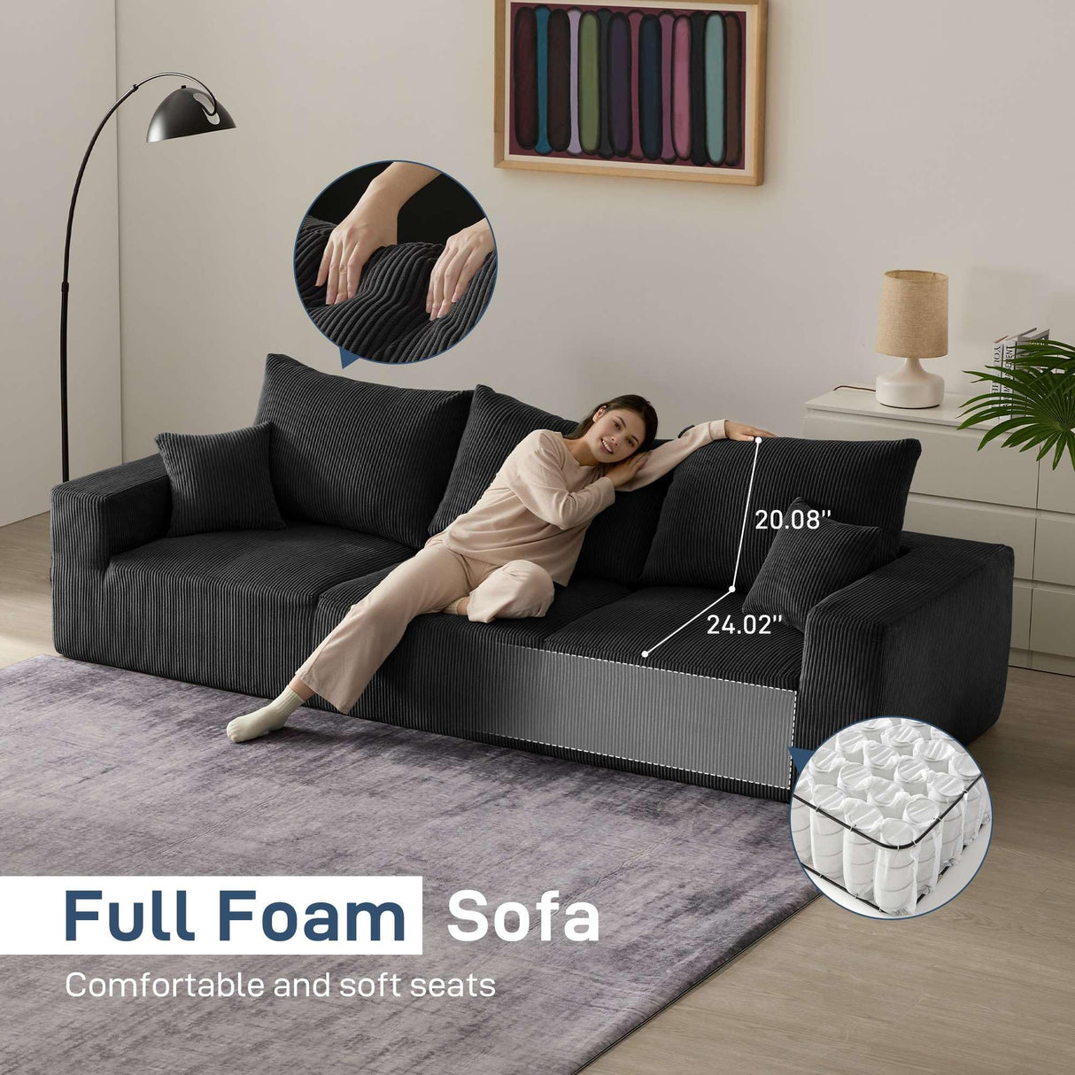 Sectional Modern Sleeper Sofa Couches for Living Room-113'' Black 3 Seater U-Shaped Lounge Cloud Couch-No Assembly Modular Corduroy Convertible Sponge Compression Sofas with Chaise for Home House Living&Giving