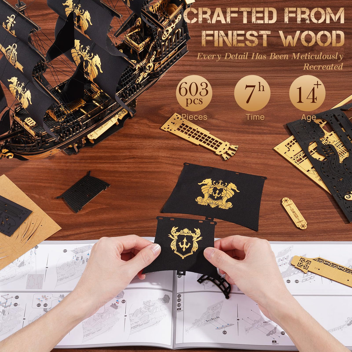 ROKR 3D Wooden Puzzles for Adults,Seahorse Barque Model kit, 603 Piece 3D Puzzles for Adults&Teens,Ideal Gift for Boys and Men ROKR