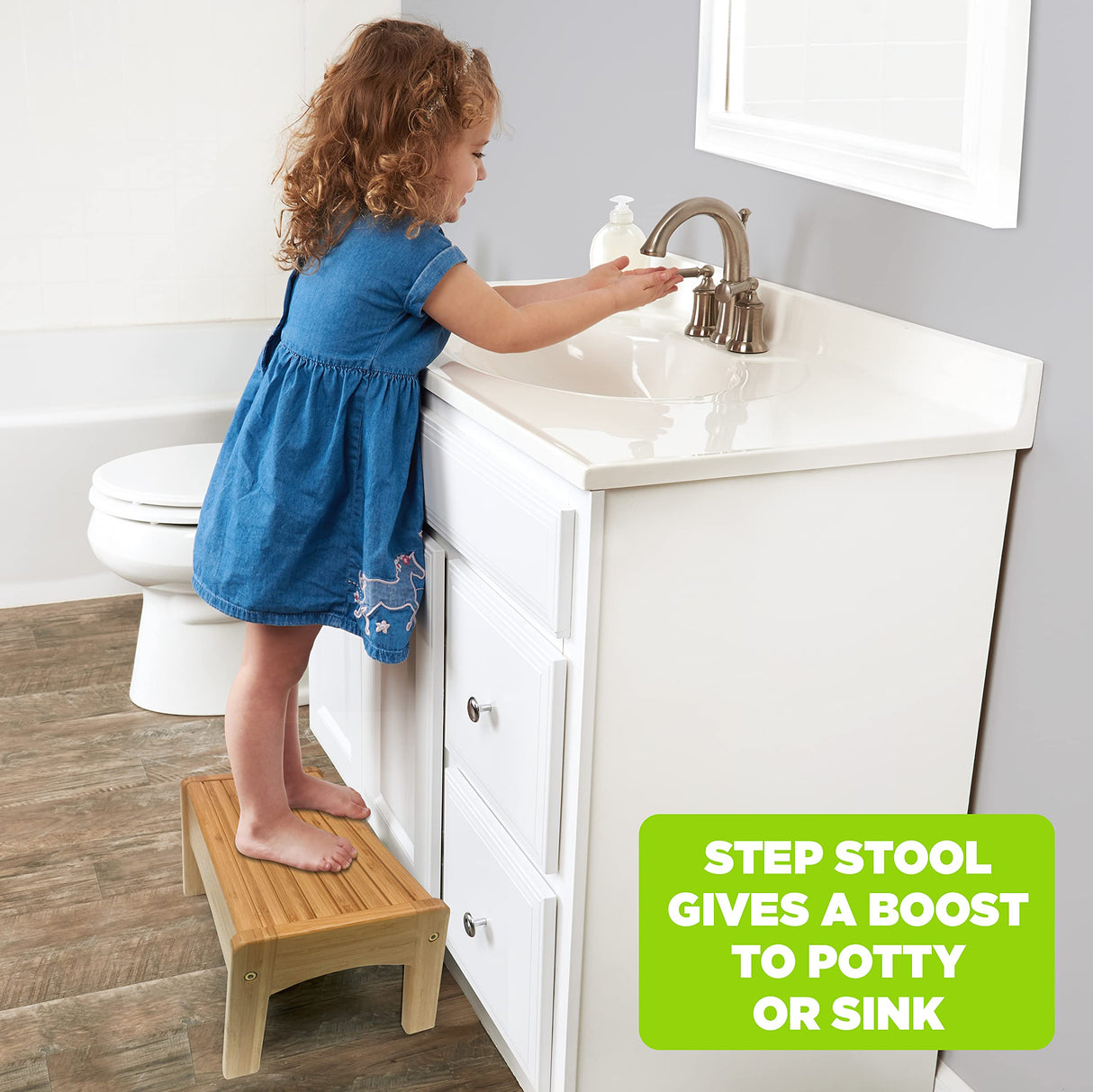 Growing Up Green Bamboo Bathroom Step Stool for Kids Using The Toilet and Sink - Kids Step Stool, Potty Training, Non-Slip, Bathroom, Kitchen, Lightweight Ginsey