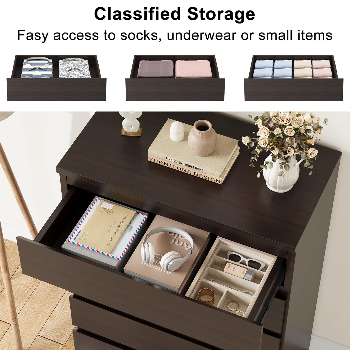 Jocoevol Modern Brown 5 Drawer Dresser for Bedroom, Simply Chest of Drawers, Wood Storage Dresser with Deep Drawers for Living Room Hallway Entryway, Brown Jocoevol