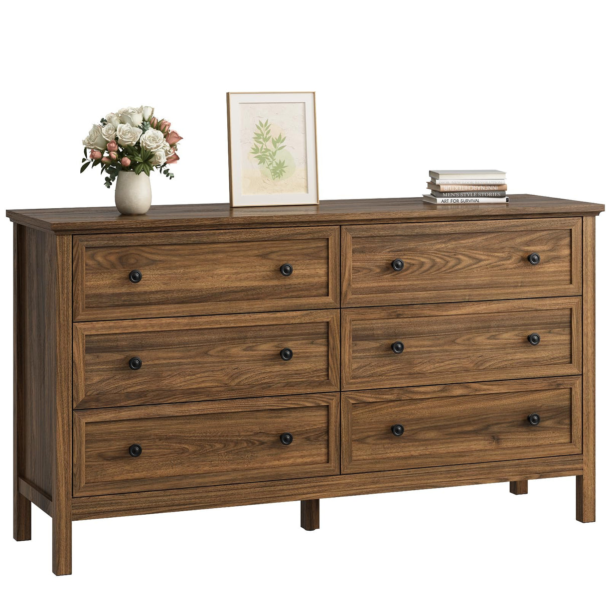 CARPETNAL 55" Walnut Dresser for Bedroom, 6 Drawer Dresser with Wide Drawer and Metal Handles, Wood Dressers & Chests of Drawers for Hallway, Entryway. CARPETNAL
