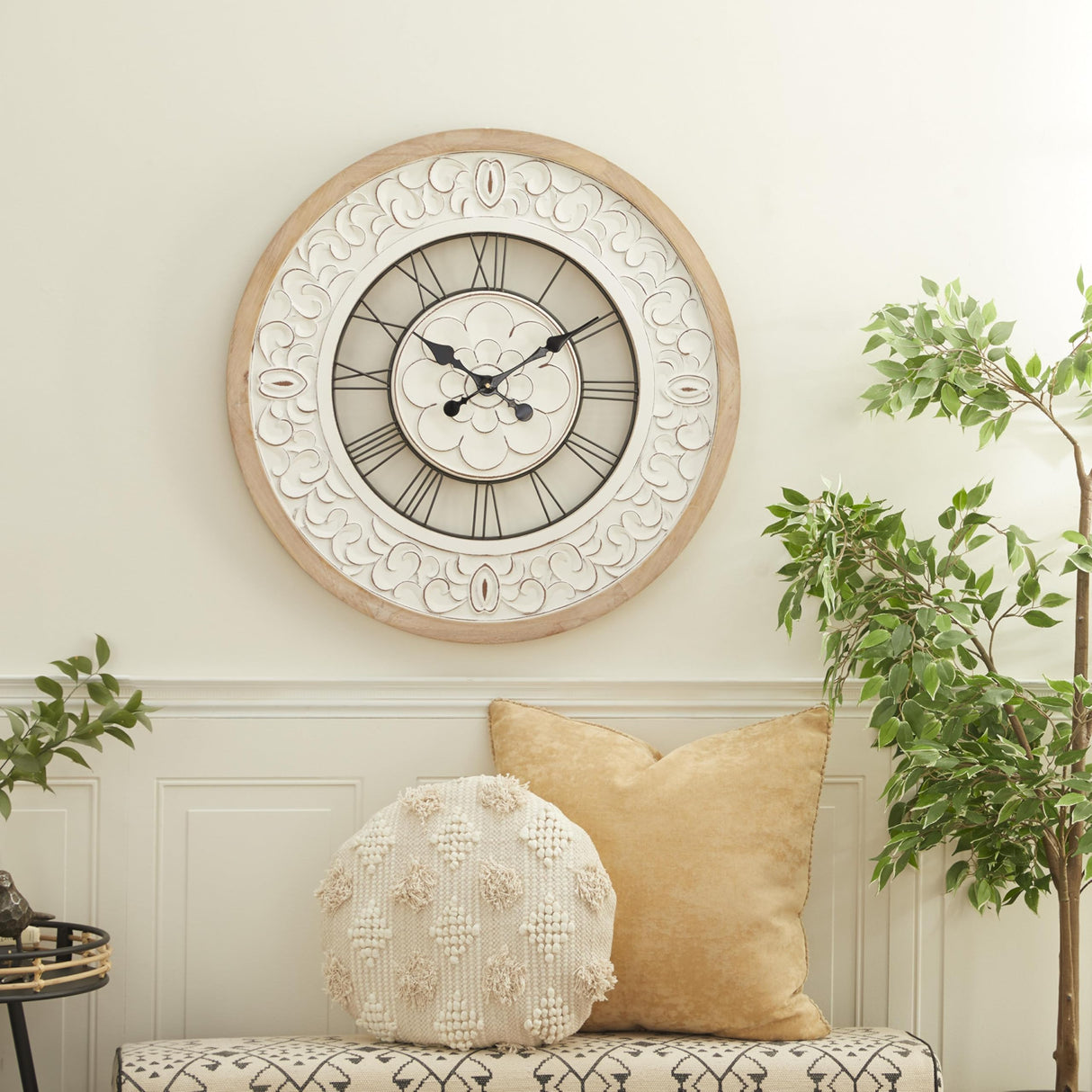 Deco 79 Wooden Floral Decorative Wall Clock Carved Wall Clock for Home with Black Metal Accents, Wall Clock for Room 32" x 2" x 32", White Deco 79