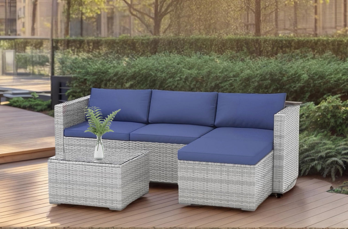 5-Piece Outdoor PE Wicker Patio Furniture Set, Water-Resistant Sectional Sofa With Plush Cushions, Tempered Glass Coffee Table & Ottoman, All-Weather Garden Conversation Set for Porch, Backyard, Blue ExploreHorizon
