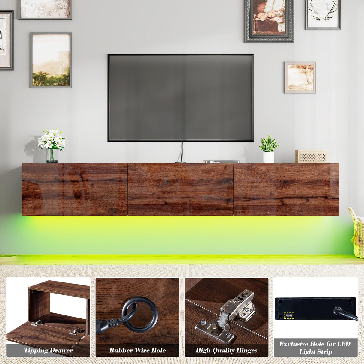 LUXOAK 70" Wall Mounted High Gloss Floating TV Stand with LED Lights & Charging Station,Media Entertainment Center for TVs Up to 80", Modern Woodgrain Floating TV Console for Living Room, Espresso LUXOAK