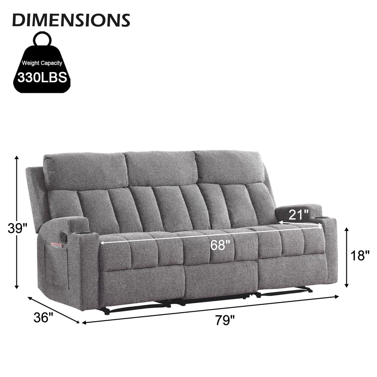 CANMOV Manual Fabric Reclining 3 Seat Sofa Couch with 2 Cup Holders, 3 Seater Recliner Sofa Couch with Armrest and Pockets for Living Room, Bedroom Furniture, Gray CANMOV