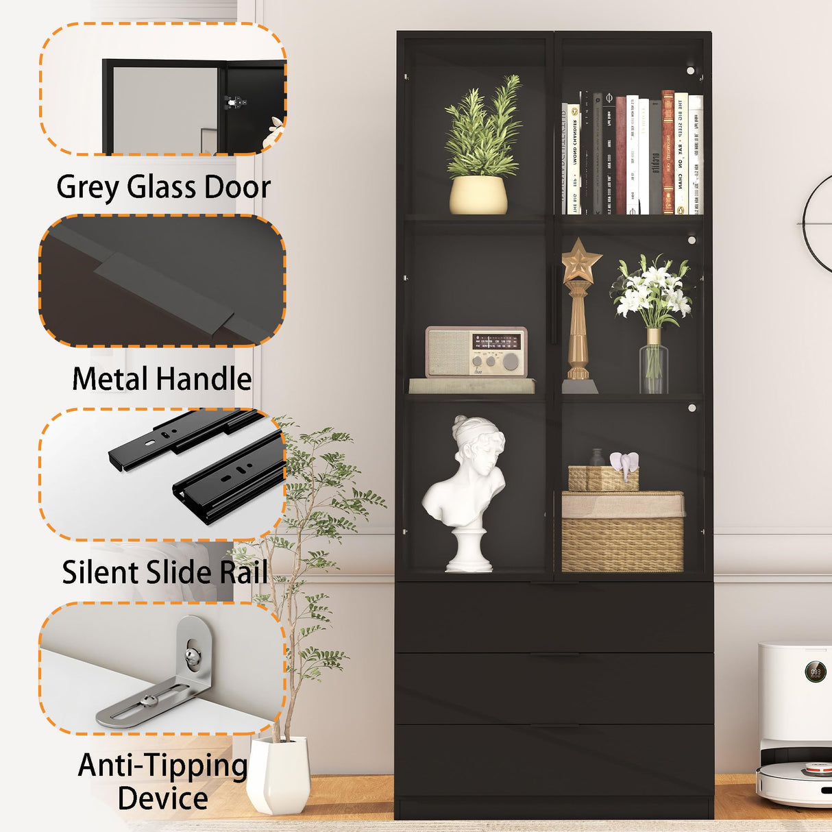 Mhsatyrs Display Cabinet with Glass Doors: 79" Black Tall Bookcase with Cabinet with 2 Doors and 3 Color Lights,Curio Bookshelf with Glass Door and 3 Drawers(Black) Mhsatyrs