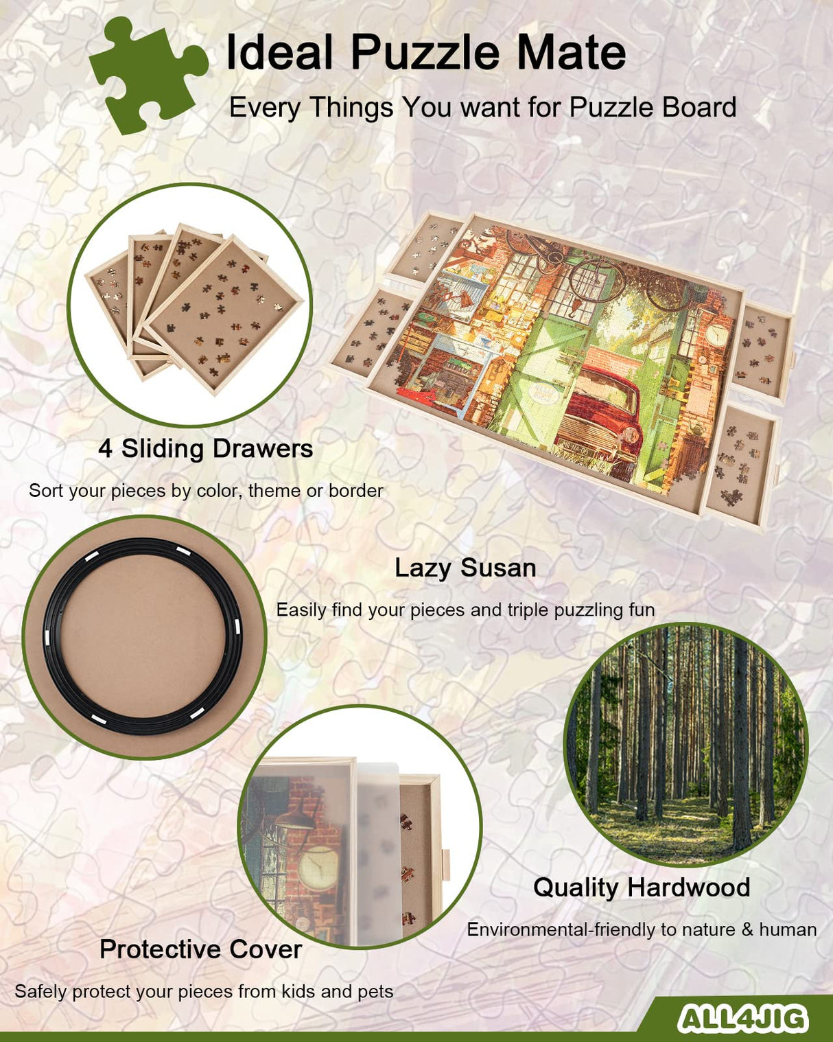 ALL4JIG 2000 Piece Rotating Puzzle Board with Drawers and Cover,29.7"x41.3"Portable Wooden Jigsaw Puzzle Table for Adults Portable,Lazy Susan Spinning Puzzle Boards Birthday Gift for mom ALL4JIG