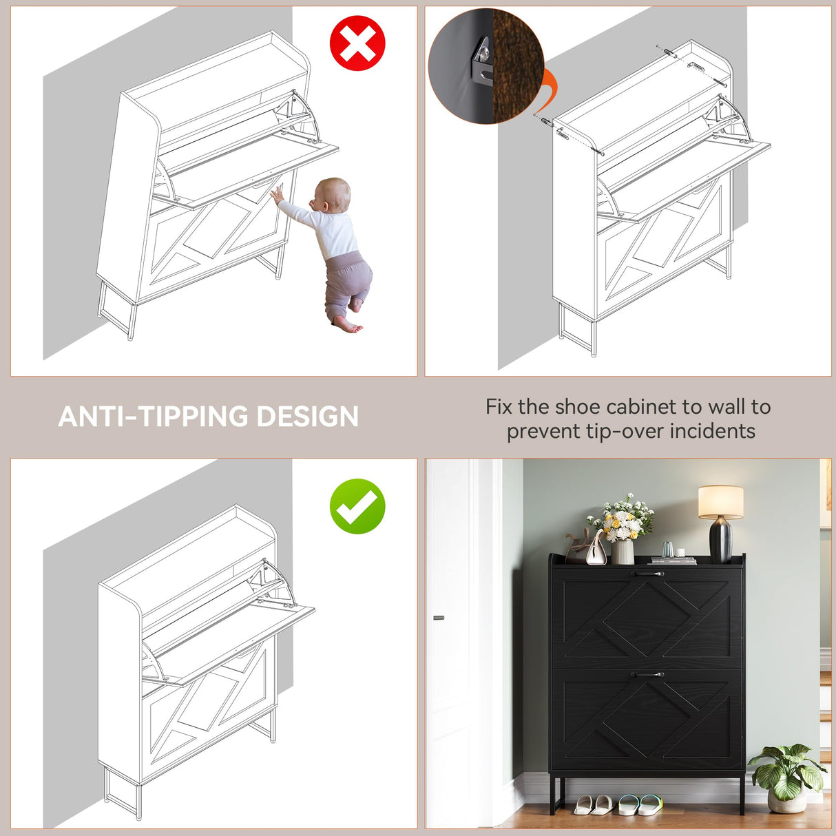 Nicetree Shoe Storage Cabinet with 2 Flip Drawers, Freestanding Shoe Organizer, Shoe Cabinet with Metal Legs, Narrow Shoe Rack Cabinet, Farmhouse Slim Shoe Cabinet for Entryway, Foyer, Hallway, Black Nicetree