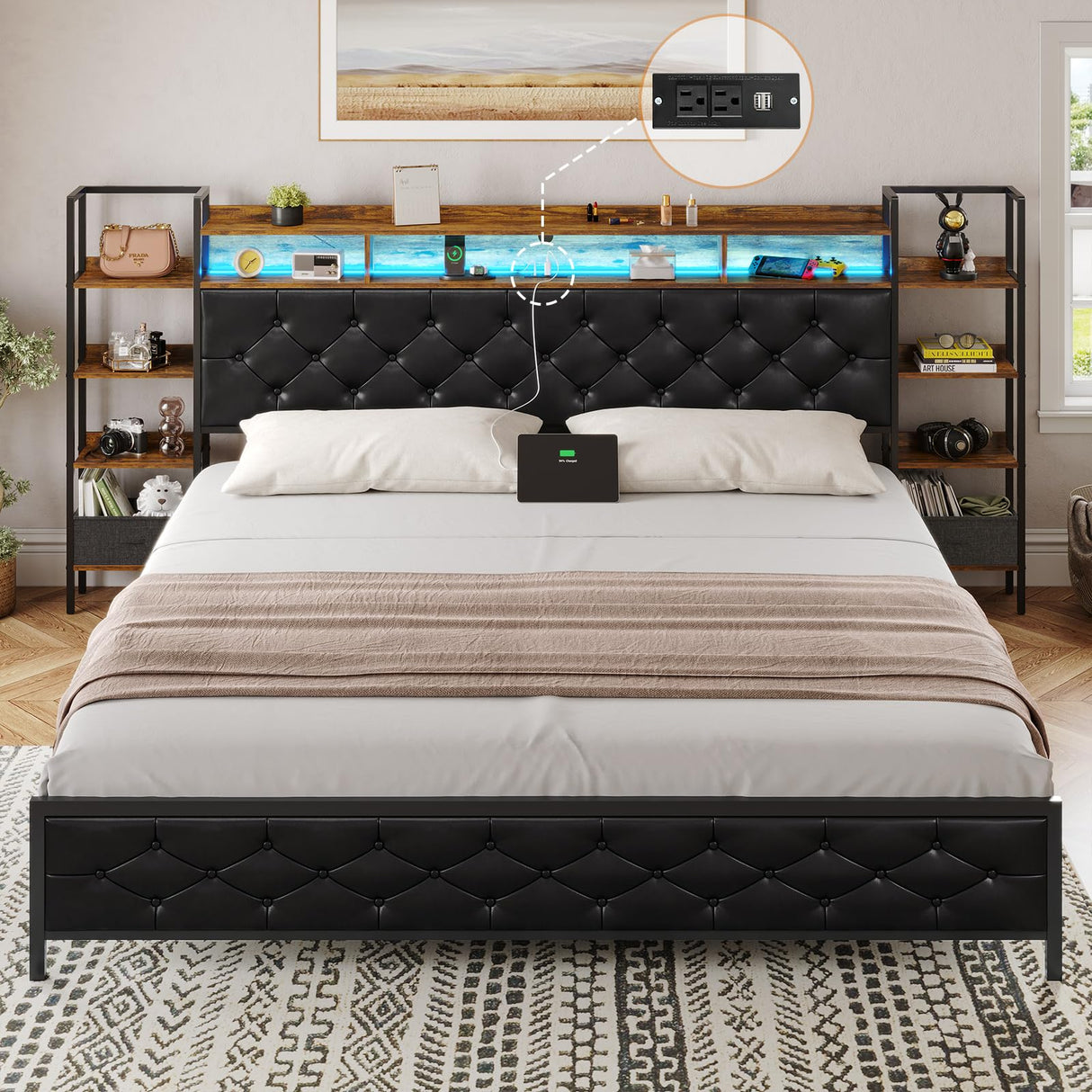 DICTAC King Size Metal Bed Frame with Smart Charging Headboard, Storage Shelves, and LED Lighting DICTAC