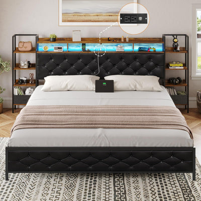 DICTAC King Size Metal Bed Frame with Smart Charging Headboard, Storage Shelves, and LED Lighting