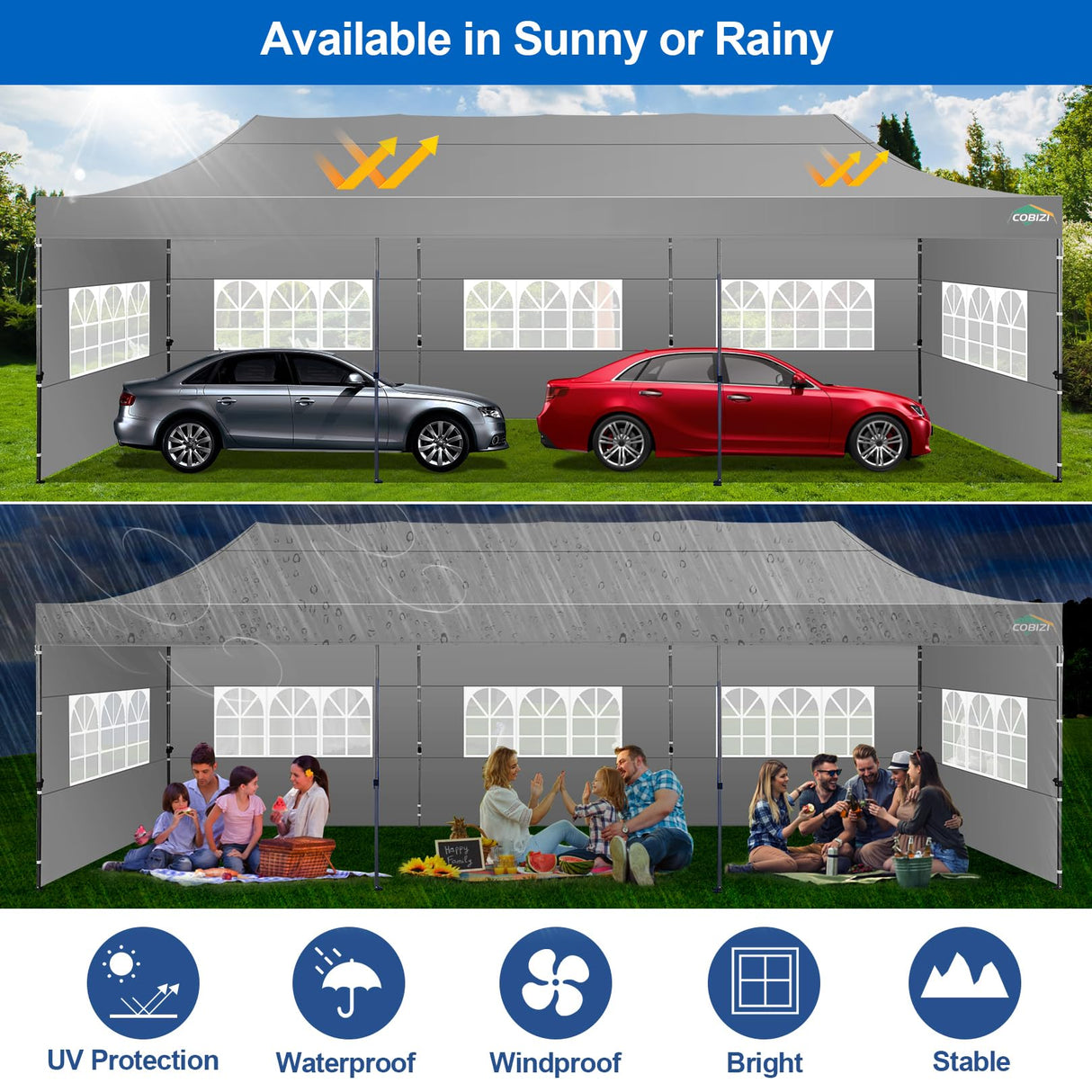 COBIZI 10x30 Pop up Canopy Tent 10x30 Canopy with 8 Sidewalls Waterproof Heavy Duty Commercial Canopy Tent for Parties Outdoor Tent Garden Gazebo Tent, Carry Bag with Wheel(10x30ft, Gray) COBIZI