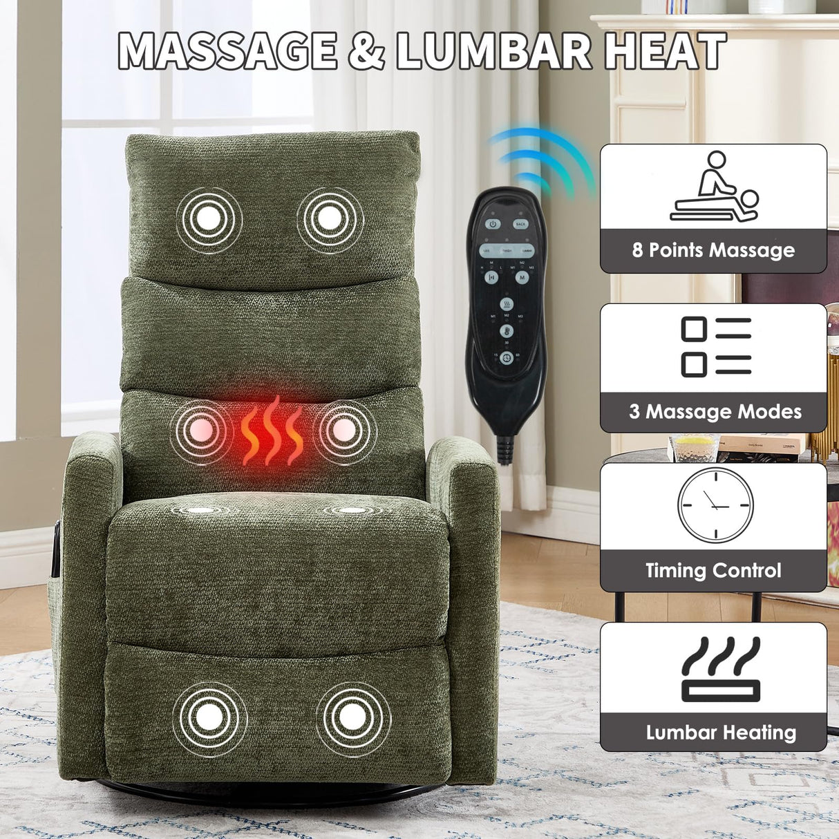 Trustyue Swivel Rocker Recliner Chair, 360° Swivel Recliner with Heat and Massage,Chenille Rocker Recliner Nursery Glider Recliner Chair with Side Pockets for Living Room Green Trustyue