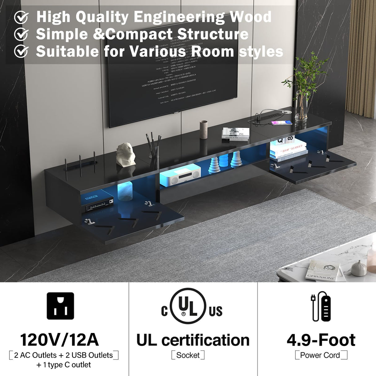 ANTISTA Floating TV Stand, 71" Floating Entertainment Center Wall Mounted,Floating Wall Mounted TV Shelf with Led Lights and Power Outlet,Modern High Gloss tv Cabinet Media Console with Storage ANTISTA