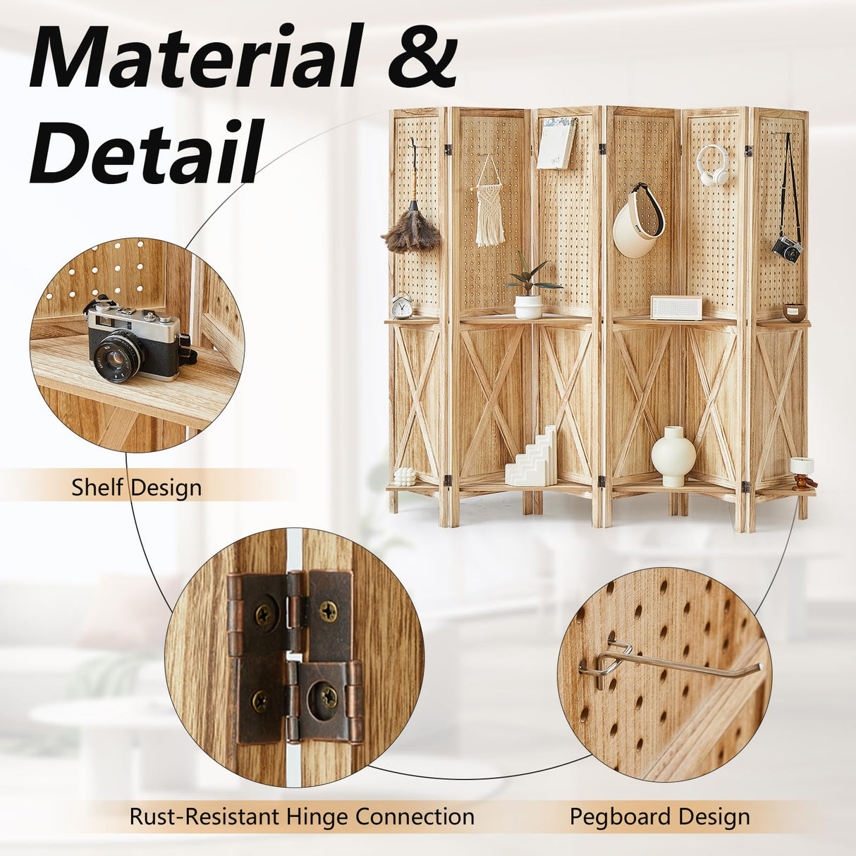 Aletheiawu 6 Panel Room Divider with Shelves, Wooden Pegboard Room Dividers, 5.6Ft Room Partitions and Dividers, Room Divider Panel with 24 Hooks for Bedroom, Study, Shop, Natural Color Aletheiawu