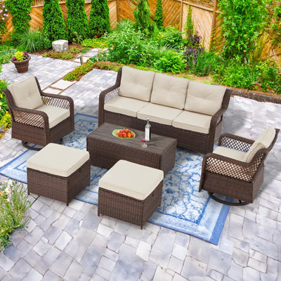 Suvivityse 6 Pieces Outdoor Patio Furniture Set Wicker Sectional Couch Conversations Sets Rattan Sofa with 360° Swivel Rocking Chairs for Lawn Garden Poolside Backyard (Brown)