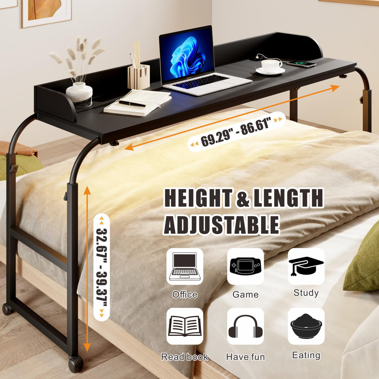 HWB Over Bed Desk with Auto-Sensor LED Lights,Over Bed Table with Wheels Adjustable Height with Charging Station,Beside Table,Rolling Tray Table for Laptop and Writing for Living Room,Black HWB