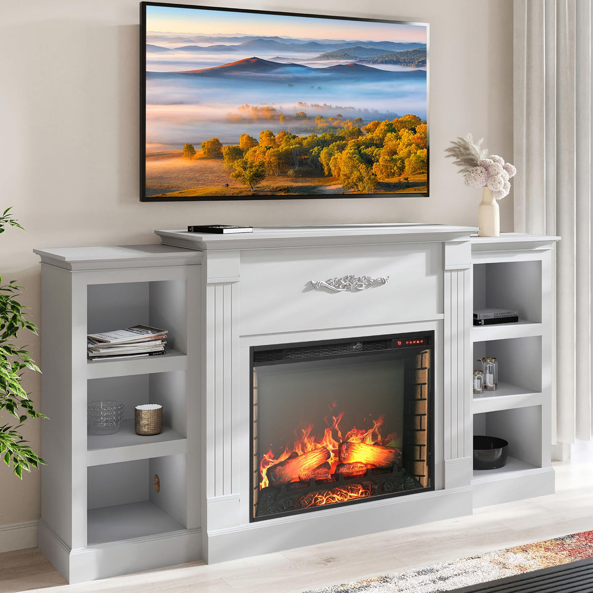 BELLEZE Modern 70" Electric Fireplace Heater Mantel TV Stand & Media Entertainment Center for TVs up to 68" with Energy-Efficient Heater With Sound and Side Book Shelves - Lenore (White) BELLEZE