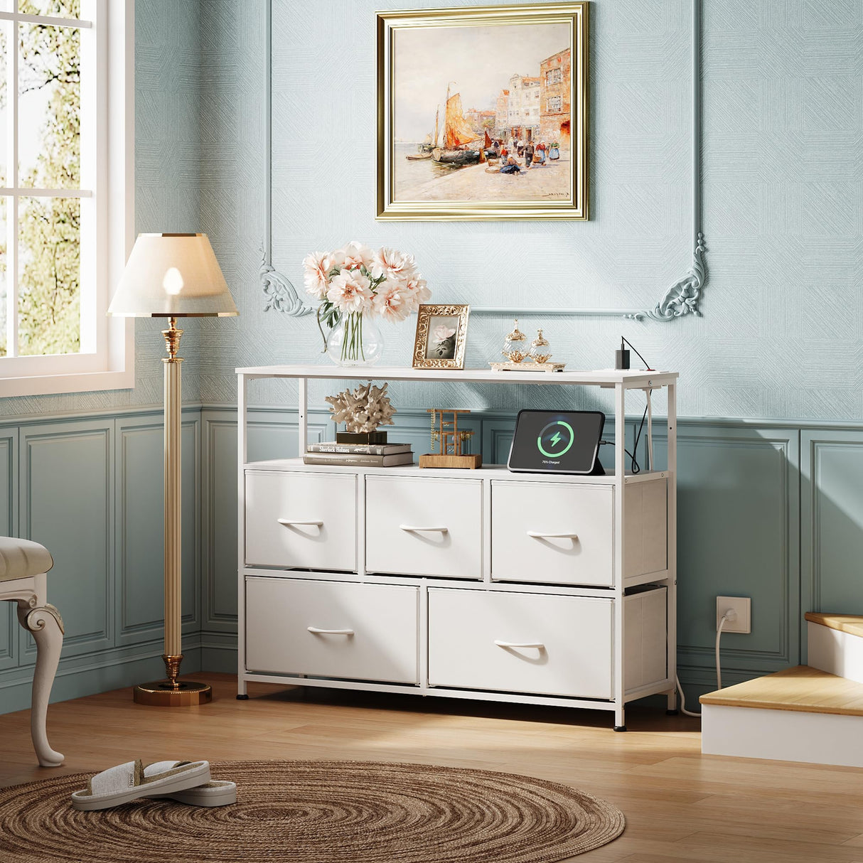 WLIVE White Dresser for Bedroom with 5 Fabric Drawers, Entertainment Center with Open Shelf and Power Outlet for 45 inch TV, Dresser TV Stand with Storage for Closet, Hallway, College Dorm WLIVE