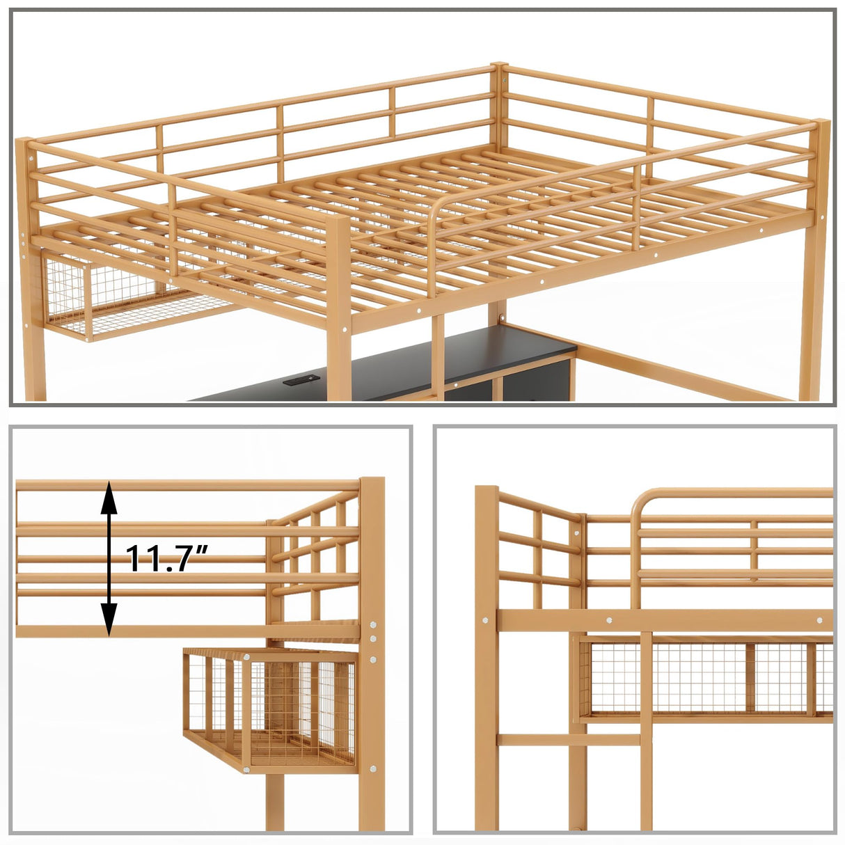 Full Size Loft Bed with Desk and Storage Drawers, Metal Loft Bed with Bookcase and Charging Station, Full Size Loft Bed Frame with Guardrail, Full Loft Bed for Kids, Gold Black Loft Bed Full Bellemave