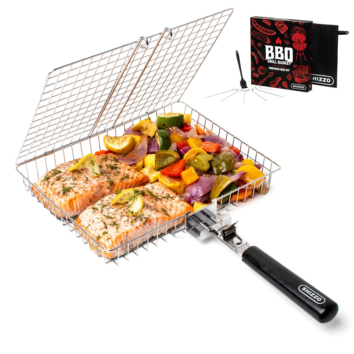 Grill Basket, Barbecue BBQ Grilling Basket , Stainless Steel Large Folding Grilling baskets With Handle, Portable Outdoor Camping BBQ Rack for Fish, Shrimp, Vegetables, Barbeque Griller Cooking Accessories SHIZZO