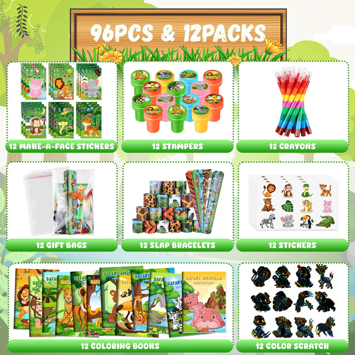 BenLouis 96Pcs Jungle Safari Party Favors Zoo Animals Coloring Books Crayons Sticker Stampers Slap Bracelets Set Bulk Classroom Prizes for Kids Wild One Party Baby Shower Goodie Bags Fillers BenLouis