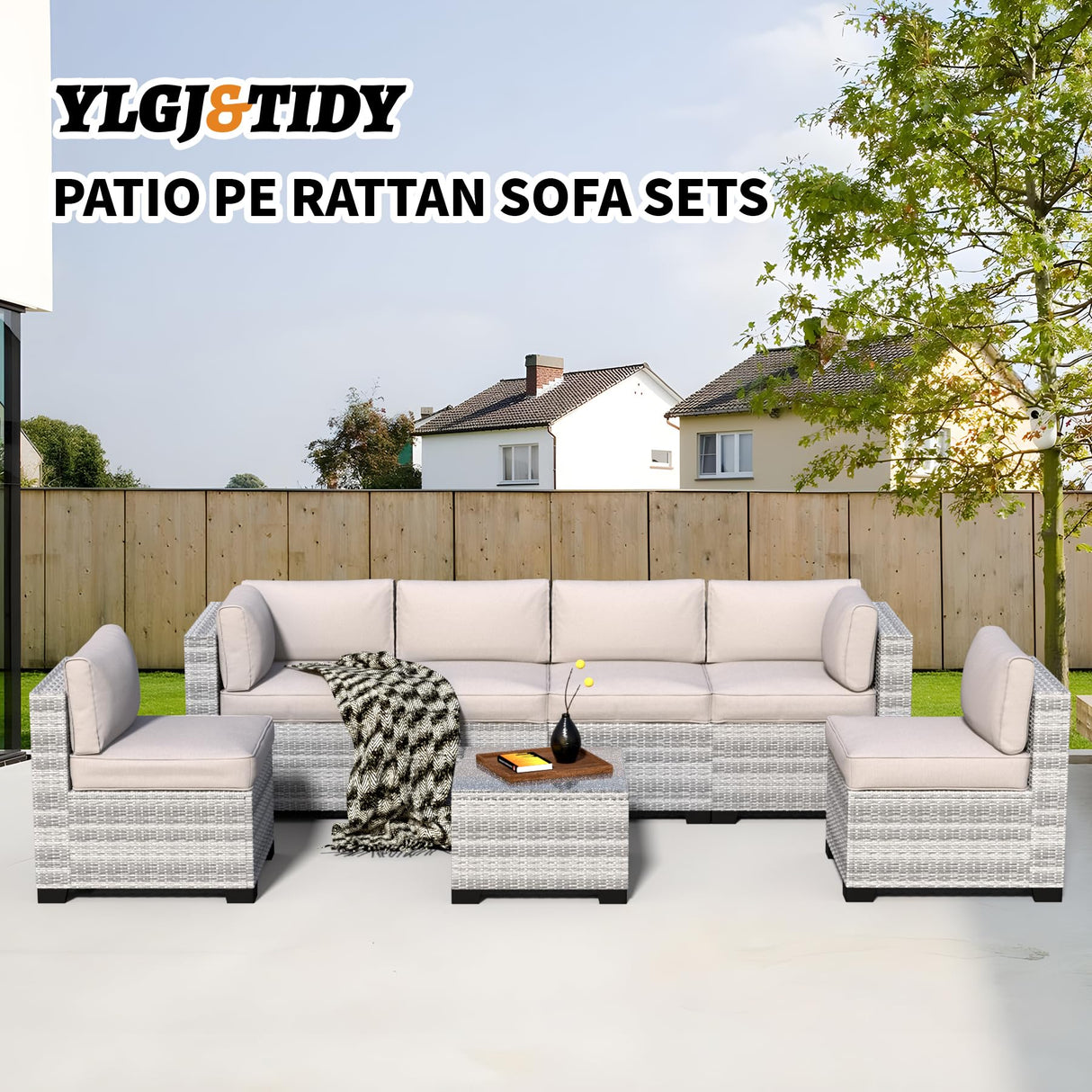 7-Piece Outdoor Sectional Patio Furniture Set, All-Weather Wicker Rattan Sofa w/Thick Washable Cushions & Tempered Glass Table, Perfect for Garden, Poolside, Backyard (7, Graywhite&Offwhite) YLGJ&TIDY