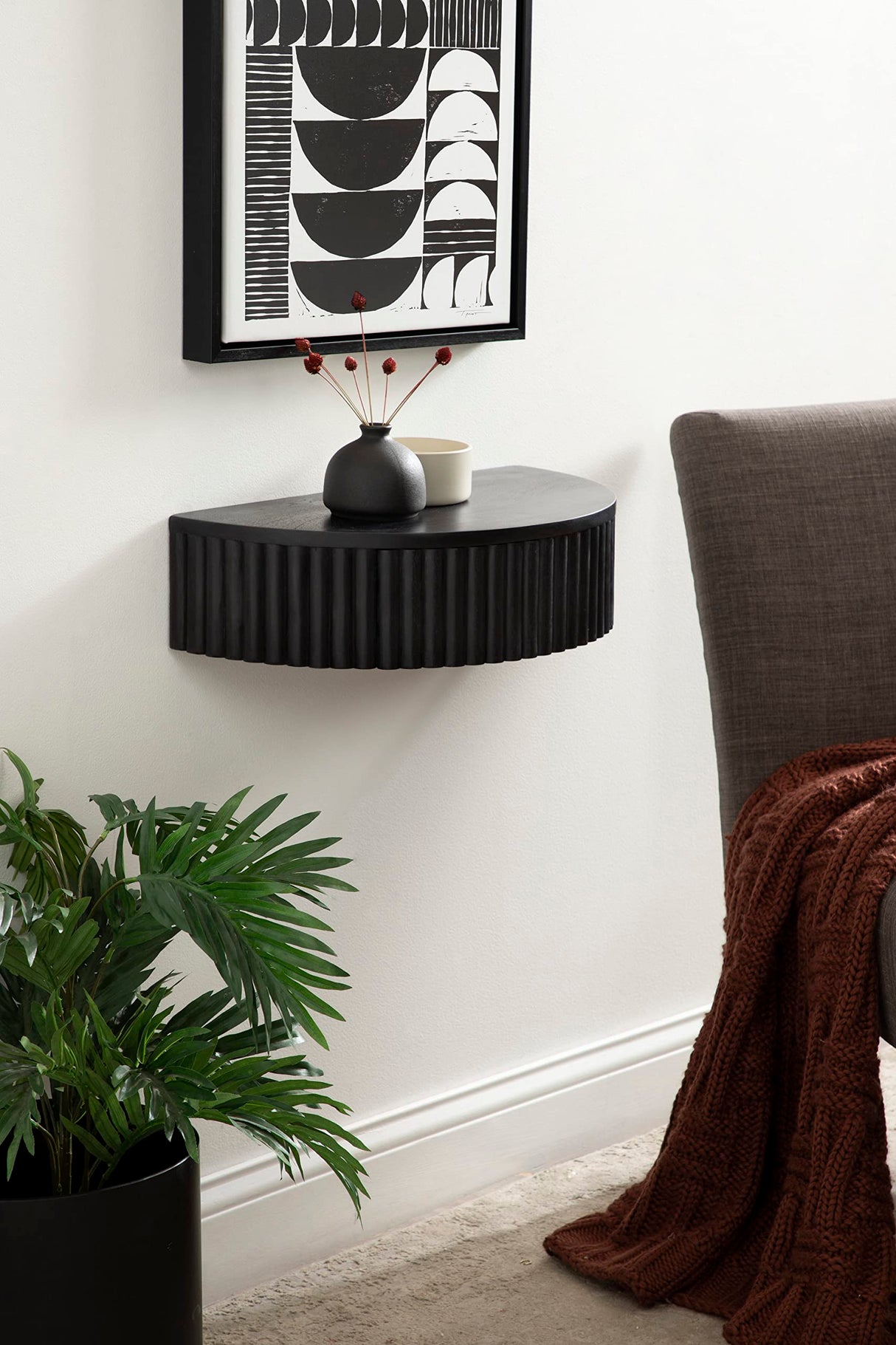 Kate and Laurel Reid Ribbed Wooden Floating Side Table, 20 x 11 x 6, Black, Modern Wood Floating Nightstand with Drawer for Extra Storage and Added Functionality Kate and Laurel