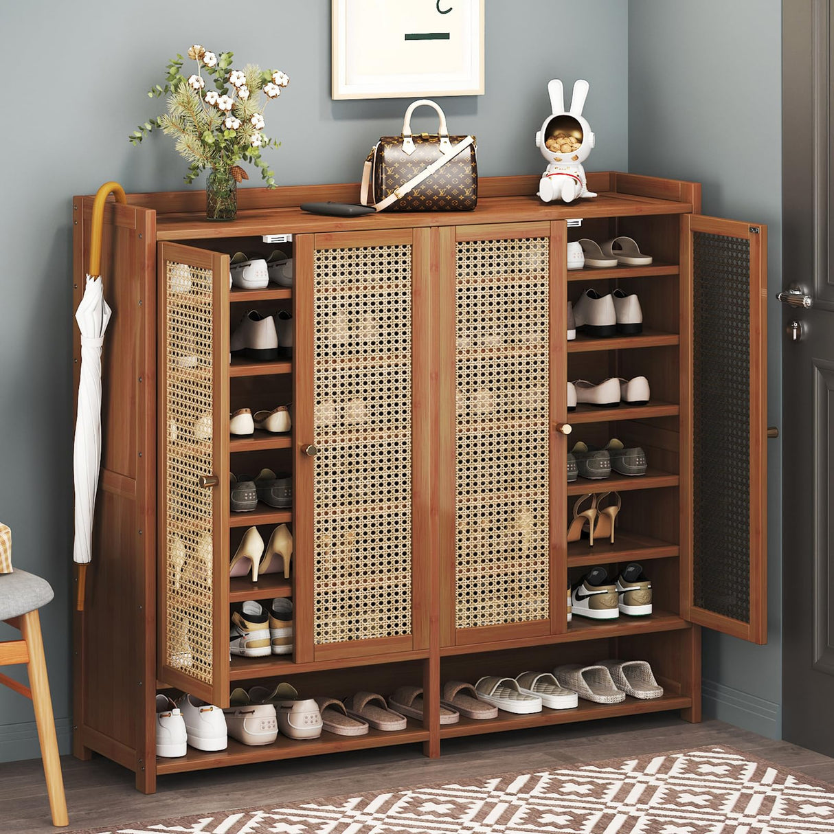 Bamboo Shoe Storage Cabinet with Doors, 8 Tier Freestanding Shoes Heels Sneakers Shoe Rack Shelf for 36-40 Pairs, Entryway Shoe Cabinet with Drawers for Hallway Living Room (Brown-01, 8th floor) sasygfi