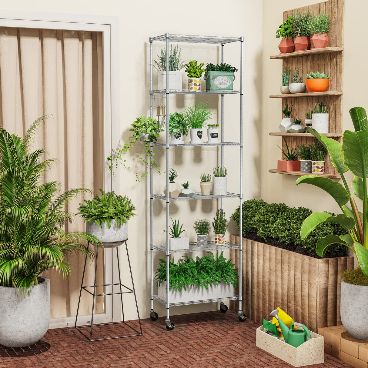 Homdox 6-Tier Storage Shelf Wire Shelving Unit Free Standing Rack Organization with Caster Wheels, Stainless Side Hooks, Silver Gray Homdox