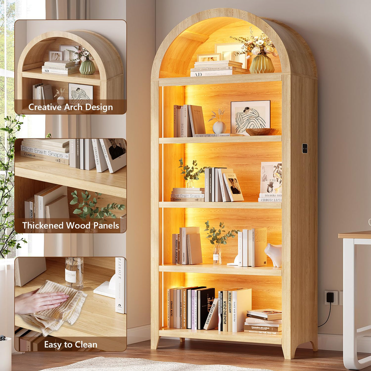 SKKTKT Arch Bookshelf - 5 Layers Bookcase with 3 Colors LED Sensor Lights and Thickened Wooden Design Display Shelf for Lego Books Bathroom Living Room - Ideal Gift (Wood) SKKTKT
