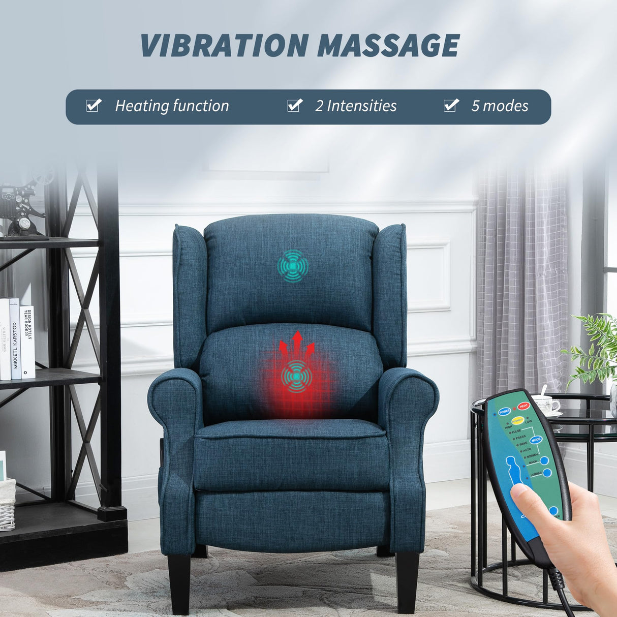 HOMCOM Vibration Massage Recliner Chair for Living Room with Heat, Wingback Single Sofa, Modern Linen Fabric Push Back Reclining Chair with Footrest, Side Pocket, Beige, Blue HOMCOM