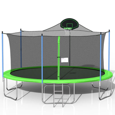1500 LBS 16FT Outdoor Trampoline for Kids and Adults with Safety Enclosure Net, Basketball Hoop and Ladder (Green)