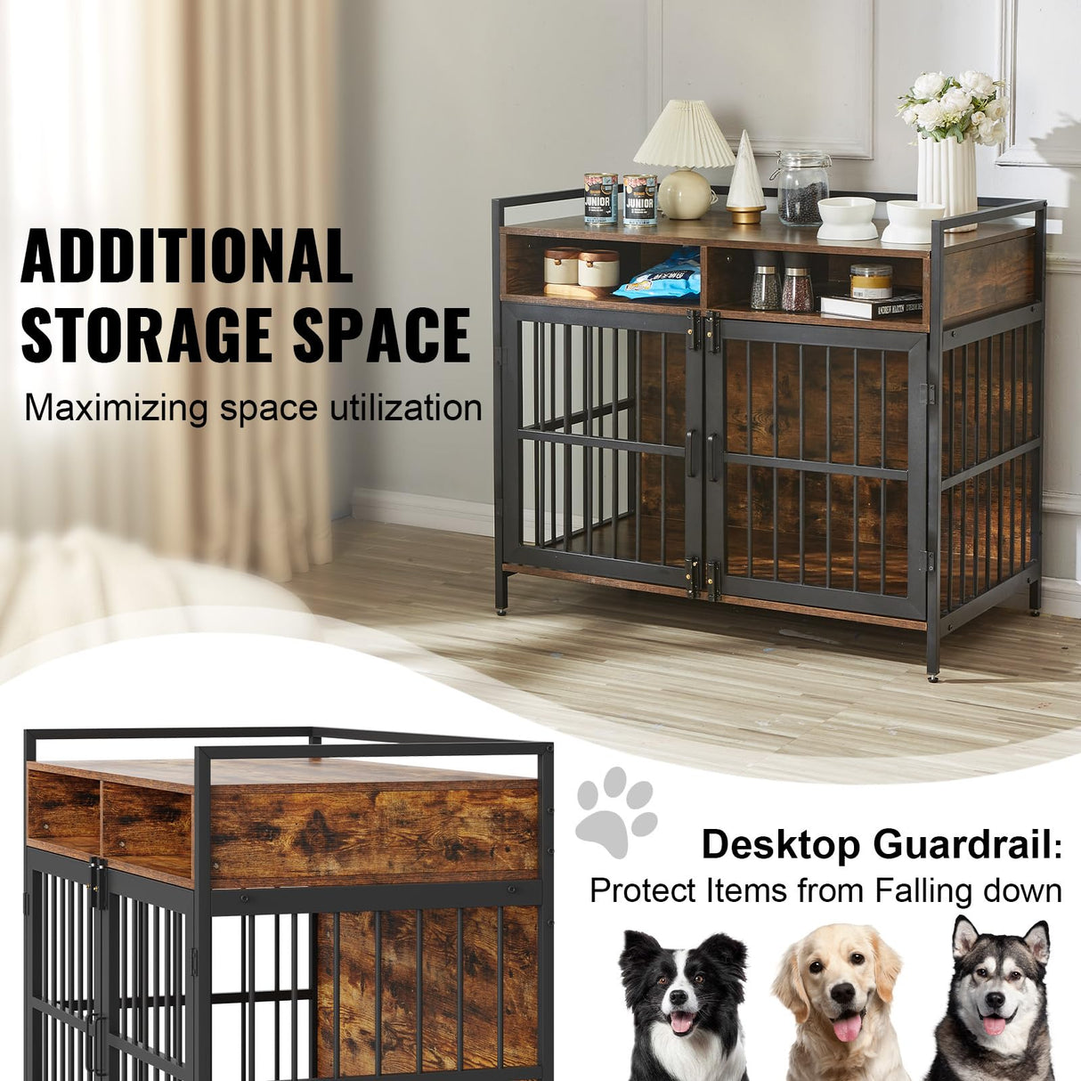 VEVOR Furniture Style Dog Crate with Storage, 41 inch Dog Crate Furniture Large Breed with Double Doors, Wooden Dog Cage for Large/Medium Dog Indoor, Hold up to 70 lbs, Rustic Brown VEVOR