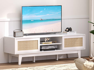 Boho TV Stand for 55 65 Inch TV, Rattan Entertainment Center with Shelves, Cabinets and Sliding Doors, TV Media Console Table with Solid Wood Feet & Cord Holes for Living Room, Bedroom, White