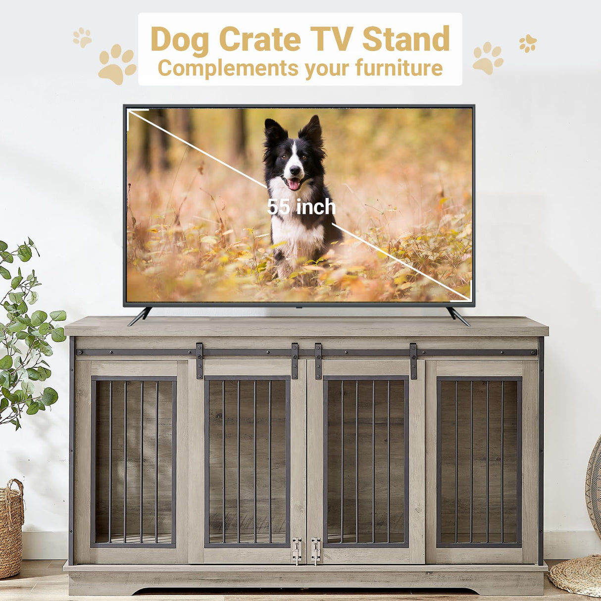 Rovibek 61 Double Dog Crate Furniture for 2 Dogs, Large Double Dog Kennel Furniture TV Stand, Furniture Style Dog Crates End Table, Wood Crates for Dogs Kennel Indoor Grey Rovibek