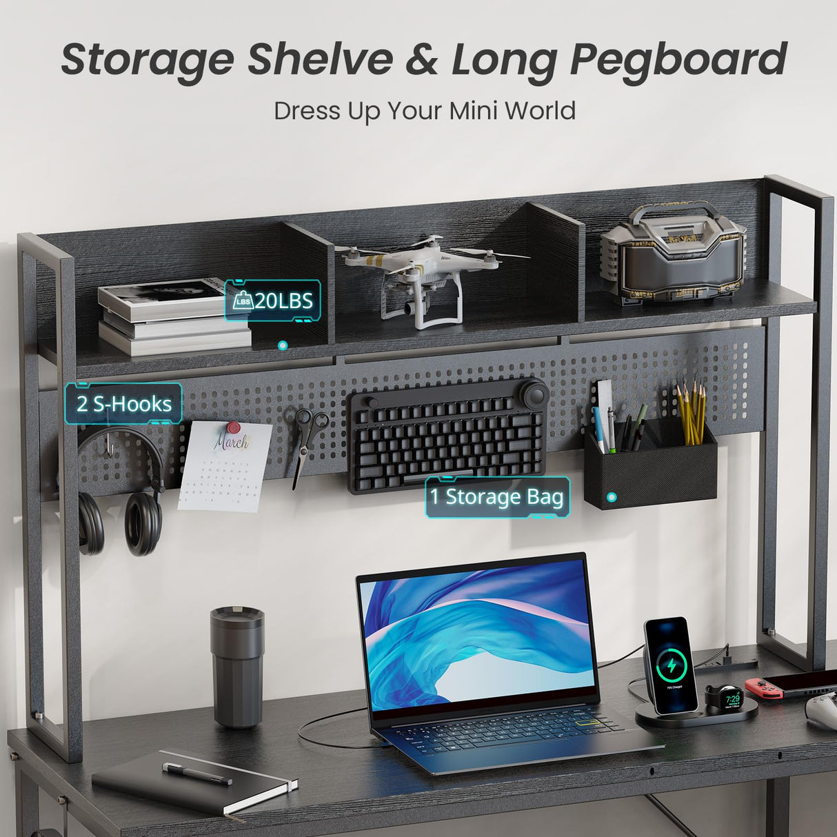 DOMICON Gaming Desk Computer Desk with Storage, L Shaped Desk with Power Outlet & LED Strip, Office Desk with Pegboard, Corner Deck for Home Office Black Wooden Table DOMICON