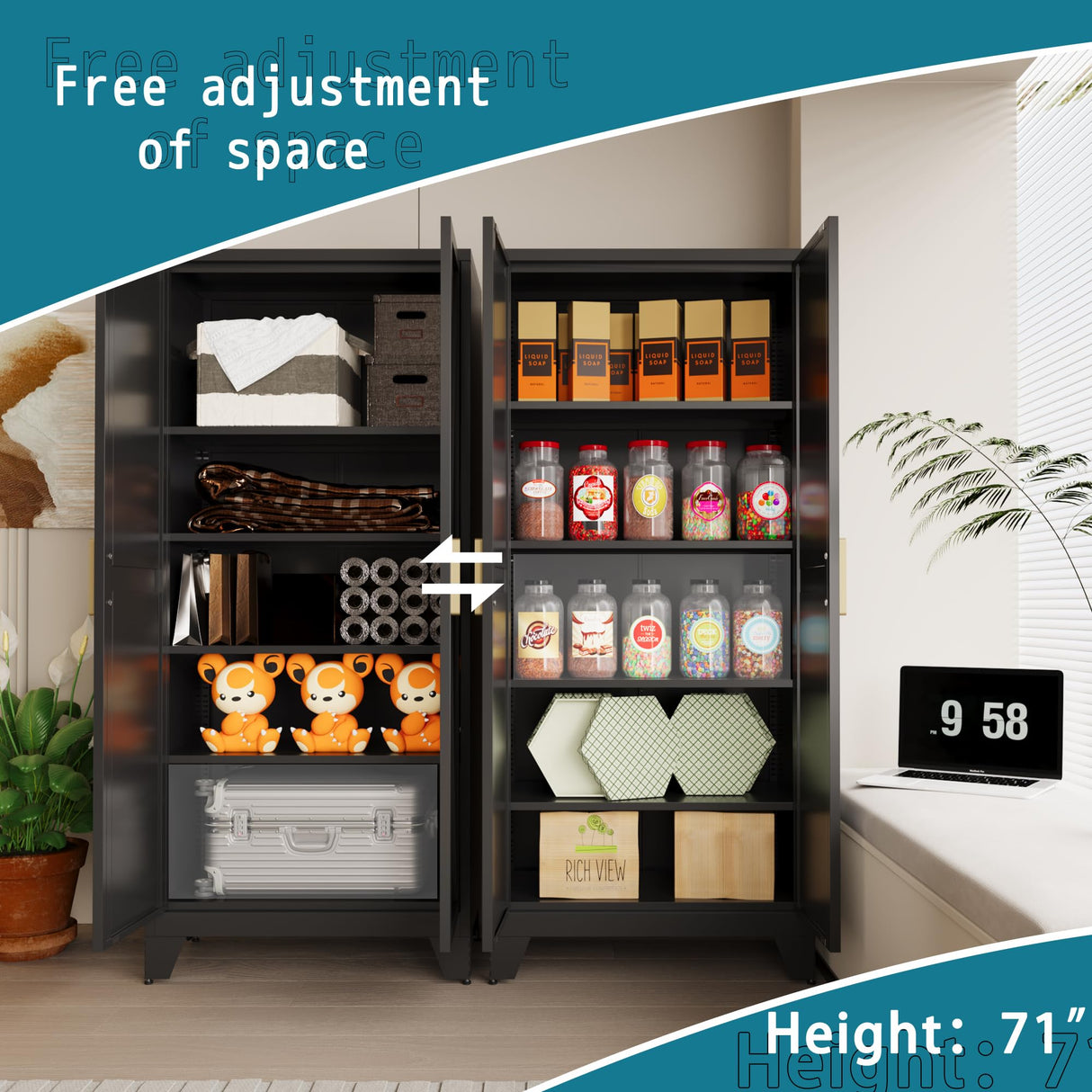 Washsemba 71'' Farmhouse Metal Storage Cabinet with Barn Doors,Steel File Cabinet for Home Office,Kitchen Pantry 4 Adjustable Shelves,Freestanding Cupboard for Kitchen,Home Office (Black) Washsemba