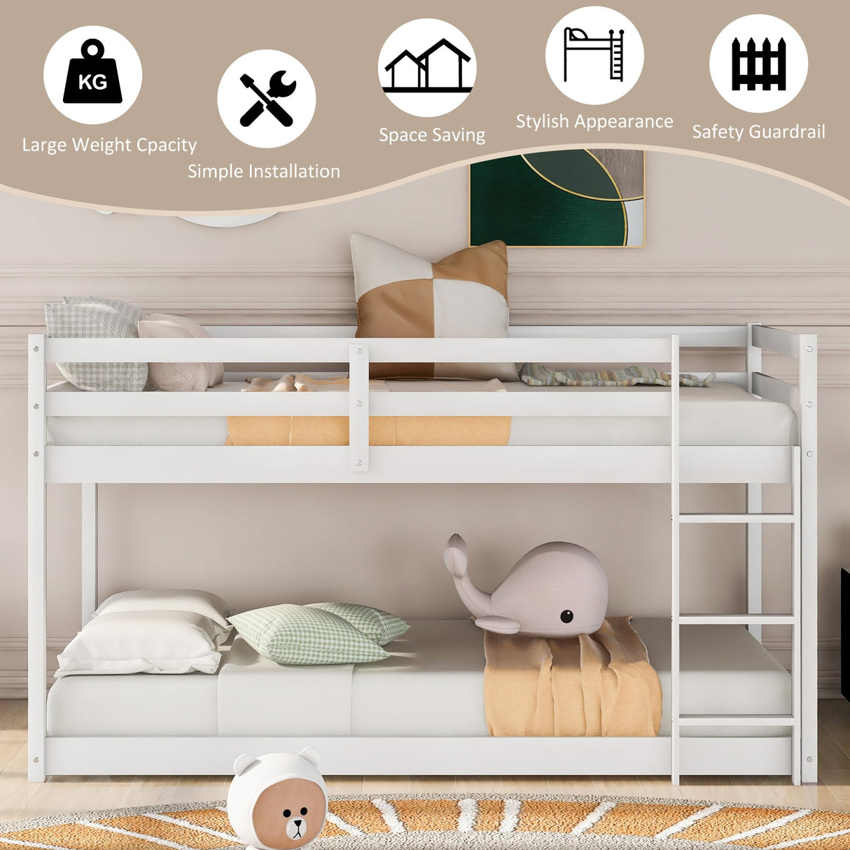 ZJIAH Twin Over Twin Low Bunk Bed with Ladder and Safety Guardrails - Durable Wooden Design in White ZJIAH