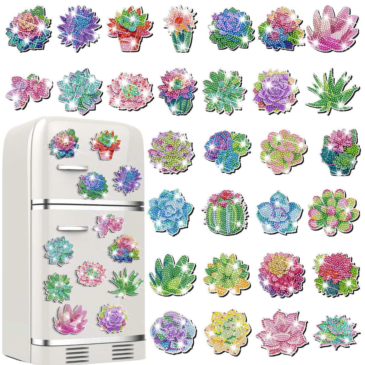 Remuuly 30 Pcs Diamond Painting Magnets Summer Diamond Art Magnet Kits for Adults Spring Flower Animal Cupcake 5D Rhinestones Refrigerator Magnetic Stickers for Fridge DIY Crafts Gifts(Succulents) Remuuly