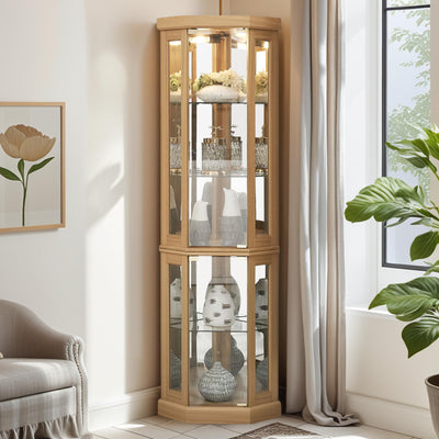 CKEASEAN Corner Curio Cabinet, 70" H Lighted Glass Display Cage with Tempered Glass Doors and Adjustable Shelves, Bulb Inclued, Wine Bar China Cabinet for Living Room Liquor Storage (Light Oak)