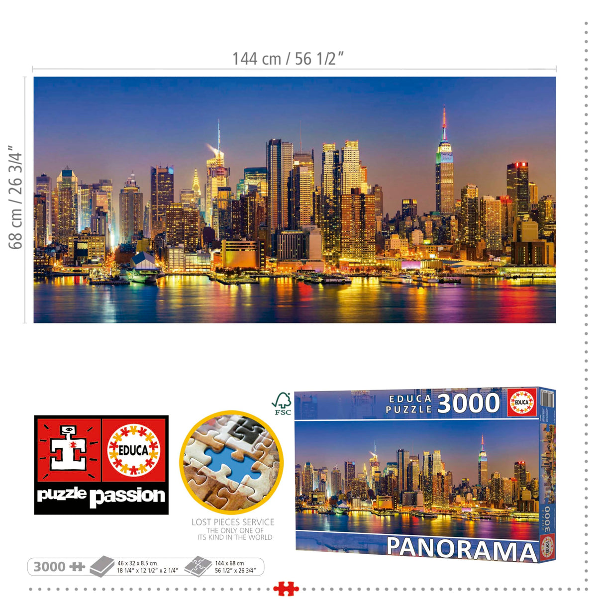 Educa - Panorama Puzzles - New York City Skyline - 3000 Piece Jigsaw Puzzle - Puzzle Glue Included - Completed Image Measures 47.24"x 37.79" - Ages 14+ (19948) Educa
