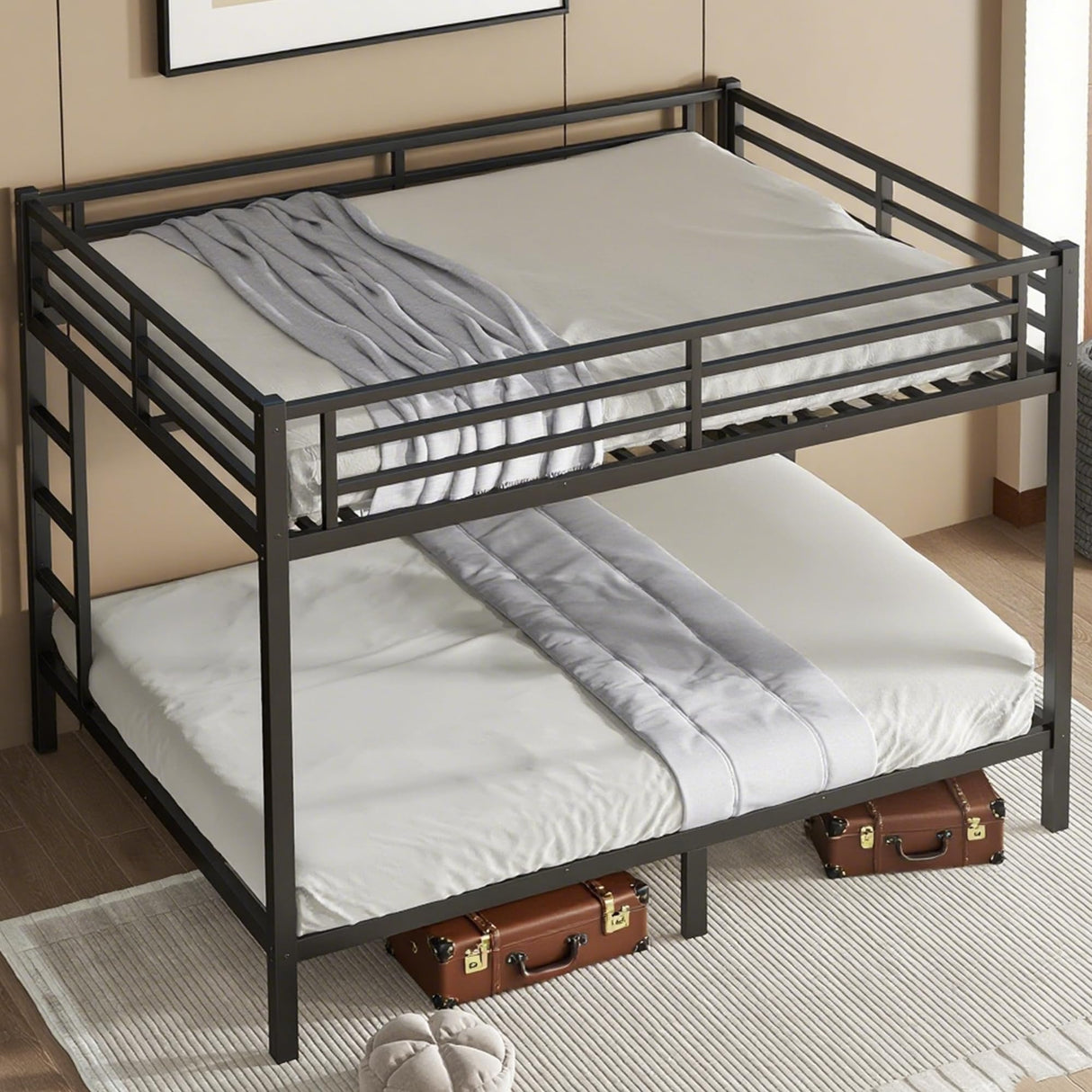Queen Over Queen Bunk Bed for Adults, Teens, Metal Bunk Beds with 2 Ladder and Full Length Guardrail, Heavy Buty Bunk Beds with Noise-Reducing Rubber Stoppers, Black Bellemave
