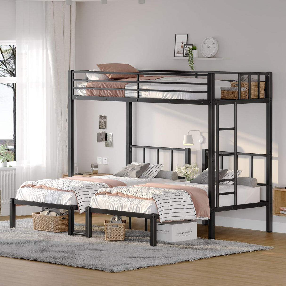 HKOLIE Twin Over Twin & Twin Bunk Beds for 3, Triple Bunk Bed for 3 with Guardrails, Ladder & Upper-Bed Platform, for Children, Teens, Adults, No Box Spring Needed (Triple Bunk Bed) HKOLIE