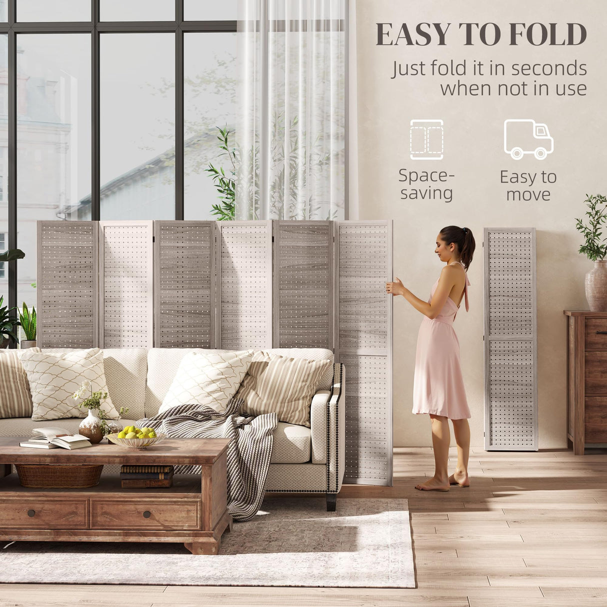 HOMCOM 6 Panel Pegboard Display with 500 Hook Holes, Wood Room Divider Wall, 5.6Ft Folding Privacy Screens, Portable Freestanding Wall Organizer for Bedroom Reading Room, Natural HOMCOM